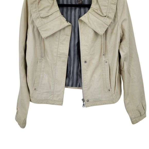90s Vintage Ruffle Collar Buttery Leather Jacket Coat XS Cream Boho Feminine - Picture 5 of 16